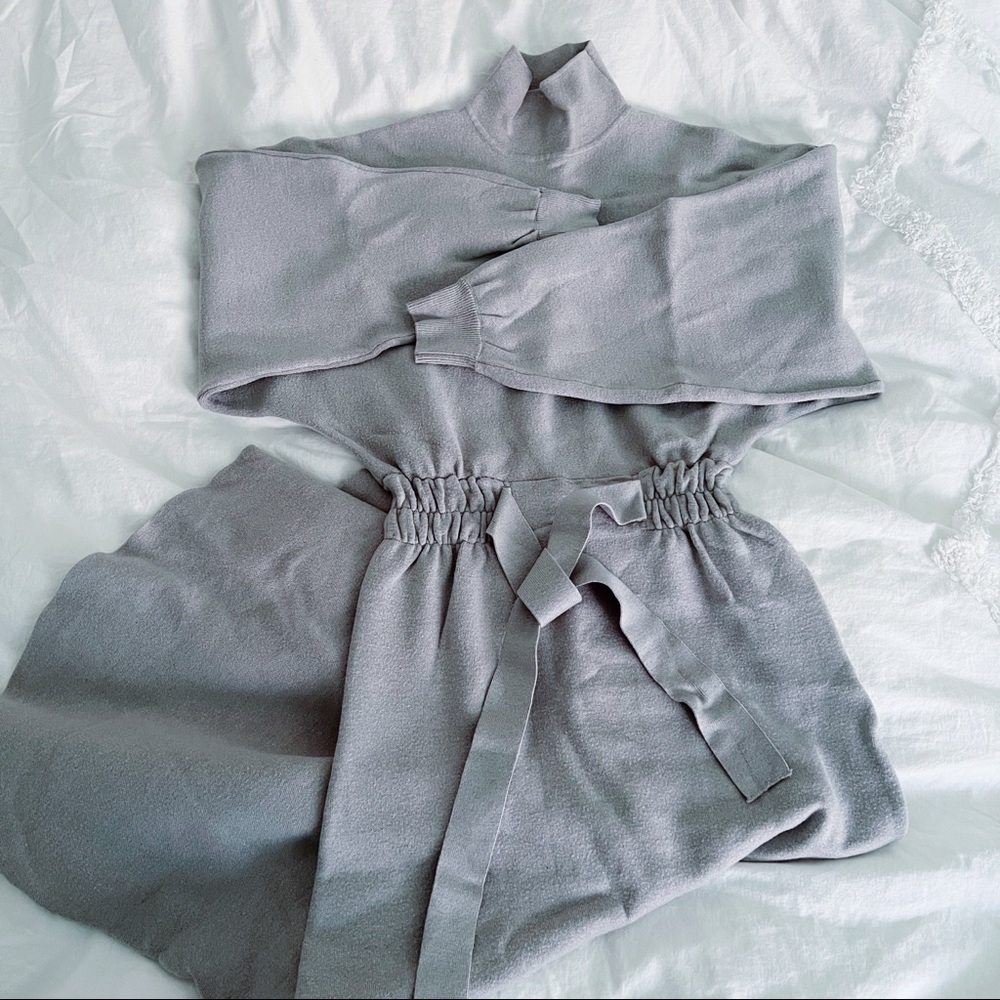 ZARA｜NWOT Grey Soft Knit Mock Neck Long Dress with Waist Tie Sz S